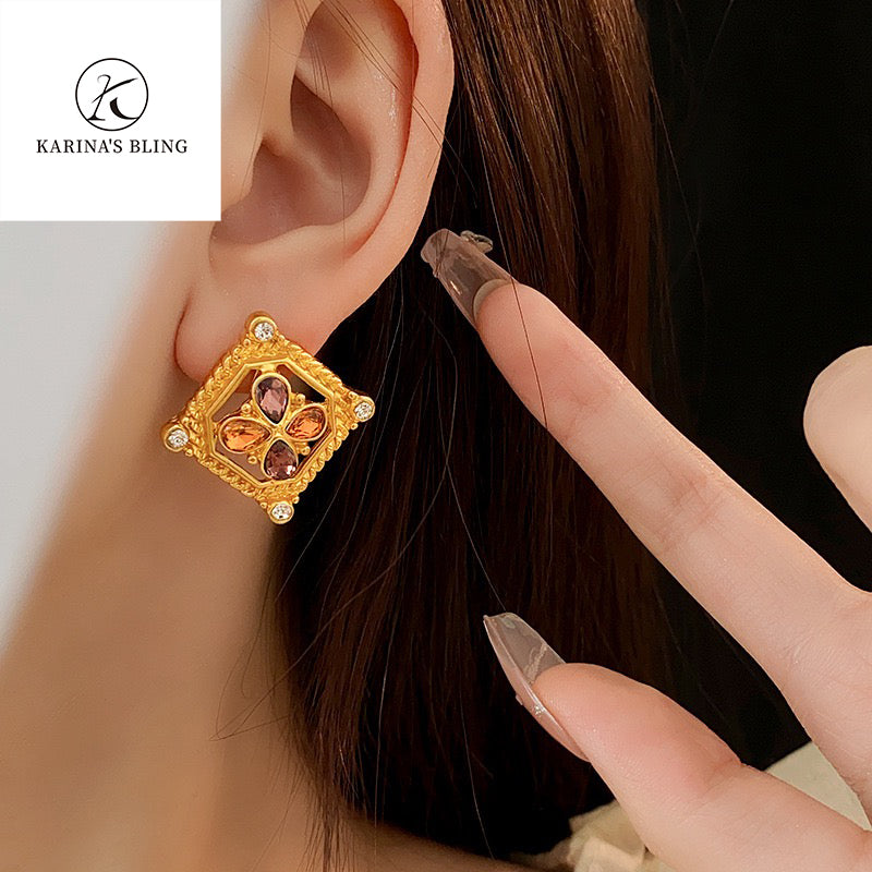 Karina's Bling Four Petal Rhinestone Flower Earrings with Silver Needle Anti-allergy Alloy Exaggerate Jewelry.