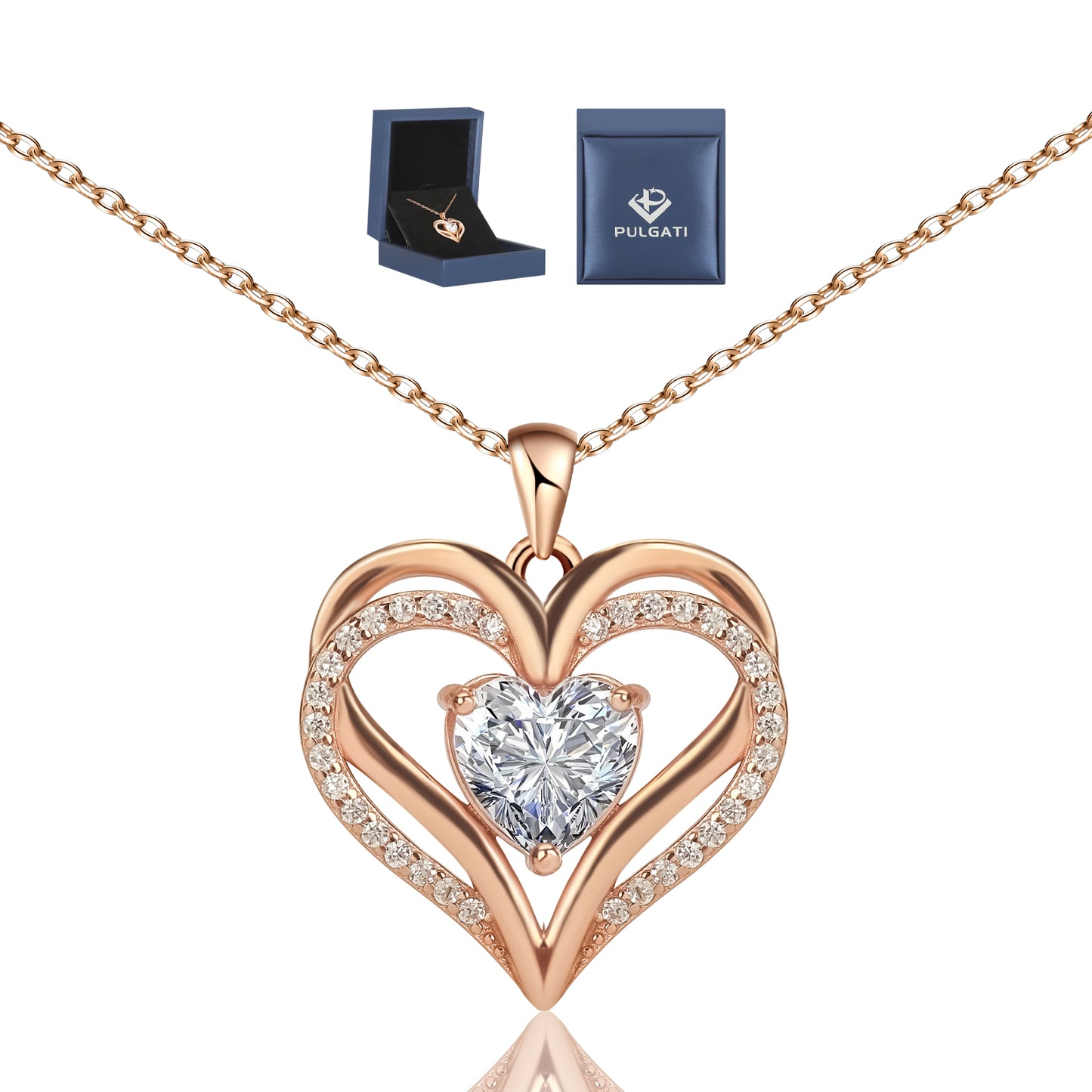 Pulgati Double Heart Necklace in Gold Plated 925 Sterling Silver with CZ and Gem Halo. Elegant Jewelry with a Touch of Magic and Love for the Women and Girls.