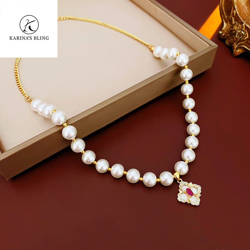 Karina's Bling Gold Plated Copper Floral Tassel Pearl Necklace Anti-allergy Jewelry Gift for Women.