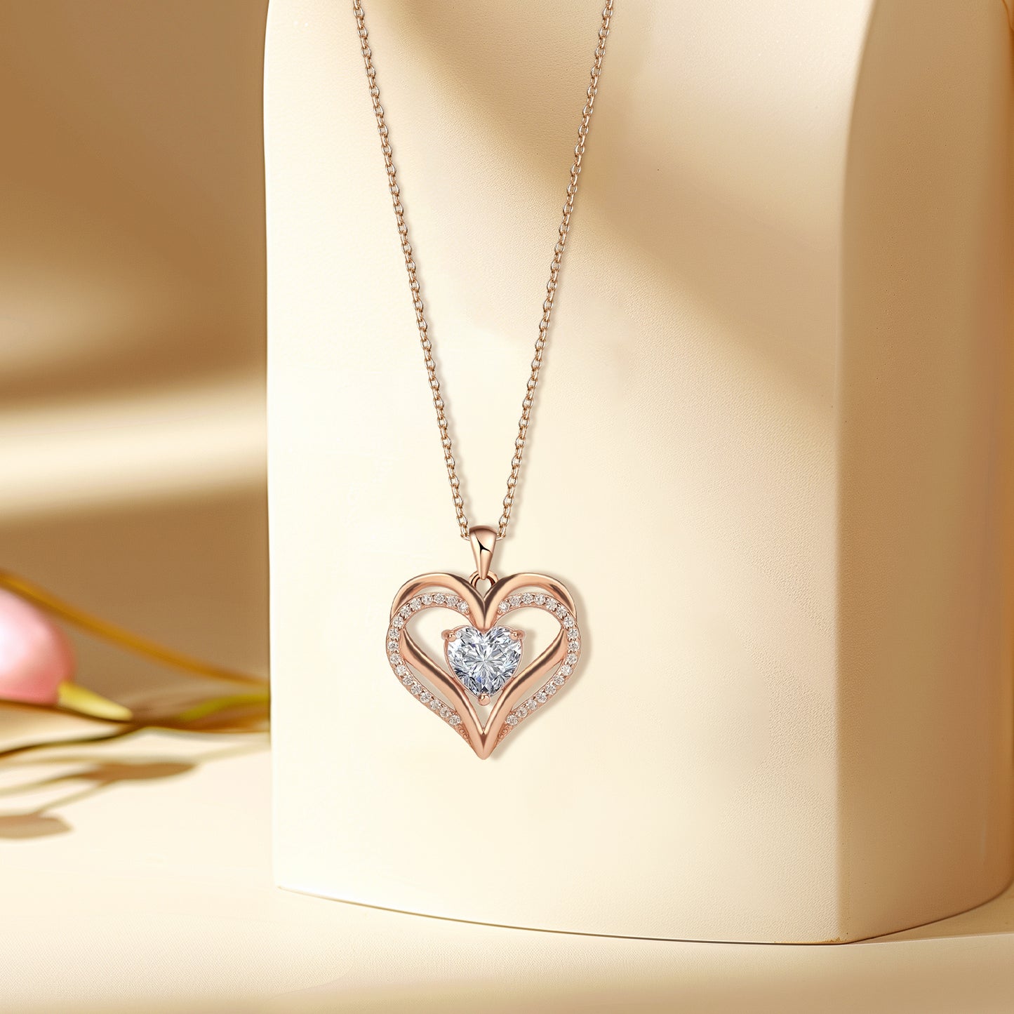 Pulgati Double Heart Necklace in Gold Plated 925 Sterling Silver with CZ and Gem Halo. Elegant Jewelry with a Touch of Magic and Love for the Women and Girls.