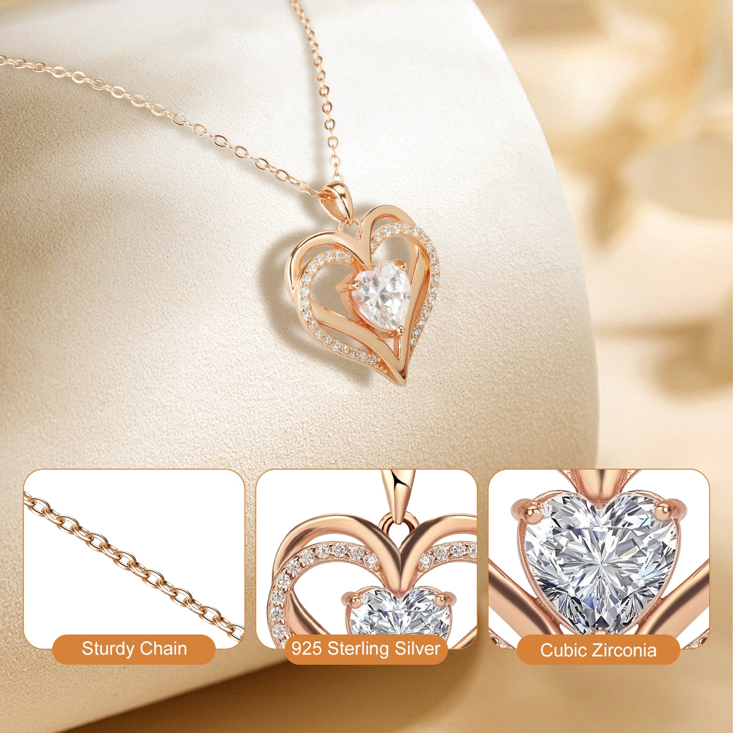 Pulgati Double Heart Necklace in Gold Plated 925 Sterling Silver with CZ and Gem Halo. Elegant Jewelry with a Touch of Magic and Love for the Women and Girls.