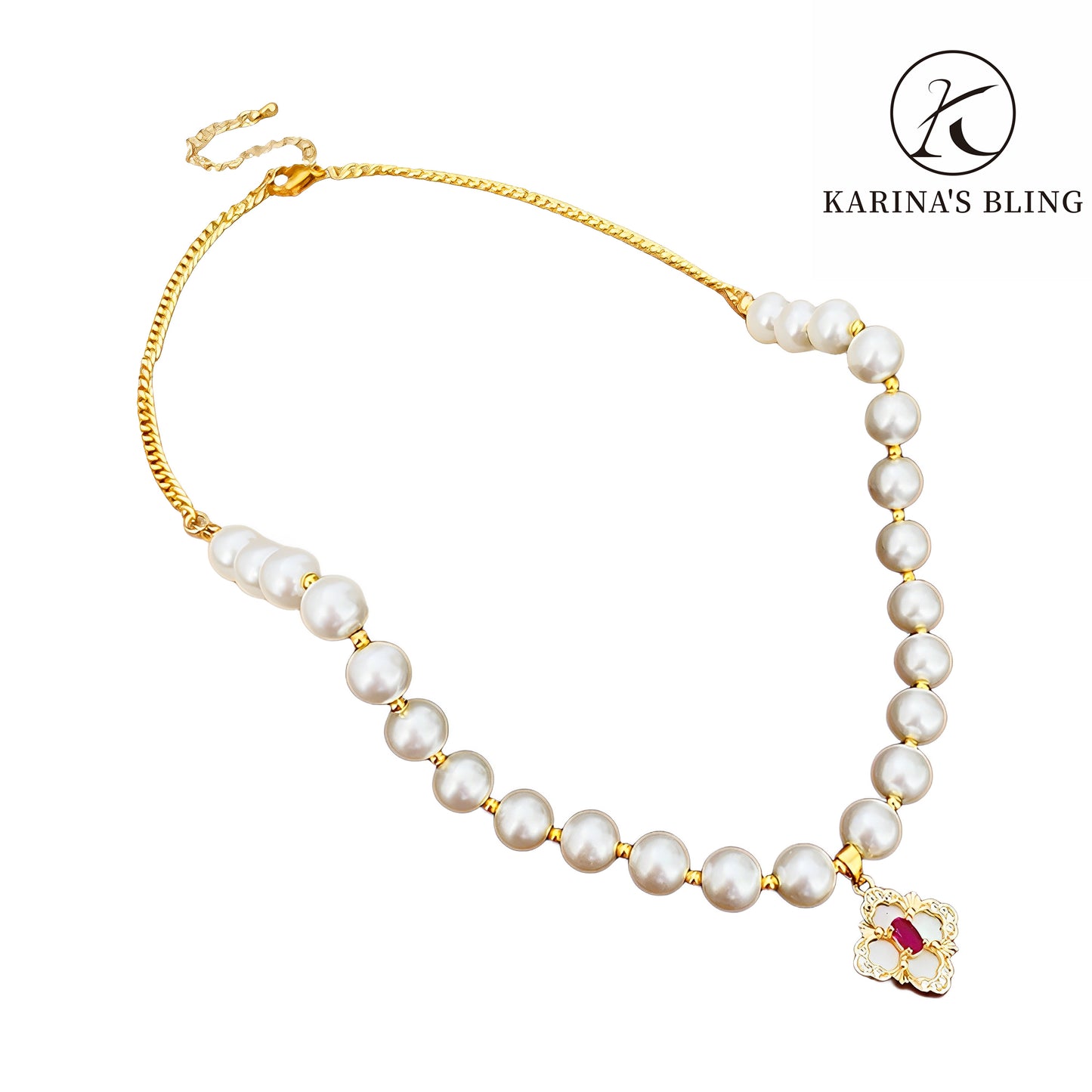 Karina's Bling Gold Plated Copper Floral Tassel Pearl Necklace Anti-allergy Jewelry Gift for Women.