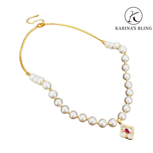 Karina's Bling Gold Plated Copper Floral Tassel Pearl Necklace Anti-allergy Jewelry Gift for Women.