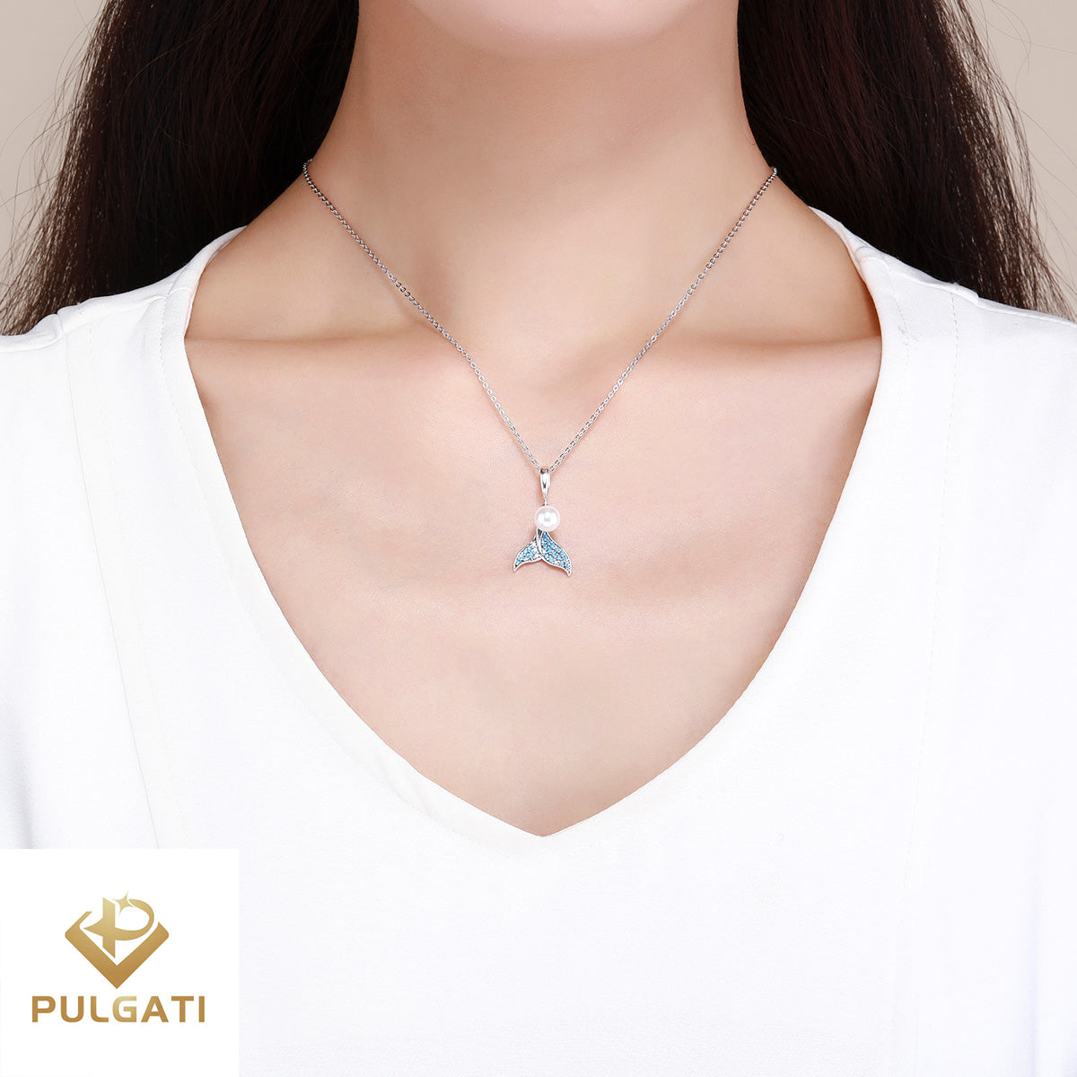 Pulgati  Mermaid Tail Pendent Necklace in Gold Plated 925 Sterling Silver with Blue Cubic Zirconia (CZ) Gemstones and Shell Pearl.