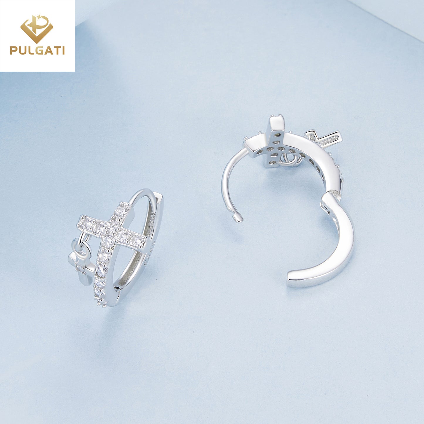 Pulgati Silver Cross Hoop Earrings in Gold Plated 925 Sterling Silver with CZ Gem Halo.