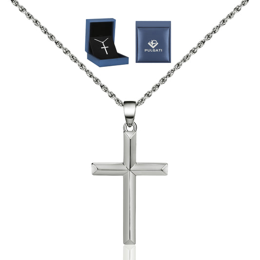 Pulgati Silver Beveled Cross Necklace in Gold Plated 925 Sterling Silver. Elegant Gift of Faith and Love for the Man or the Women  in Your Life.