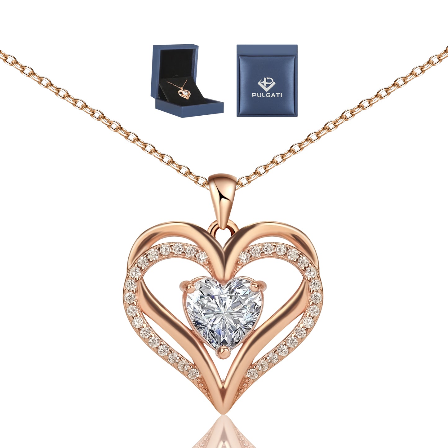 Pulgati Double Heart Necklace in Gold Plated 925 Sterling Silver with  CZ and Gem Halo. Elegant Jewelry with a Touch of Magic and Love for the Women and Girls.