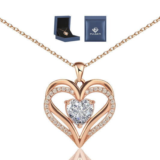 Pulgati Double Heart Necklace in Gold Plated 925 Sterling Silver with  CZ and Gem Halo. Elegant Jewelry with a Touch of Magic and Love for the Women and Girls.