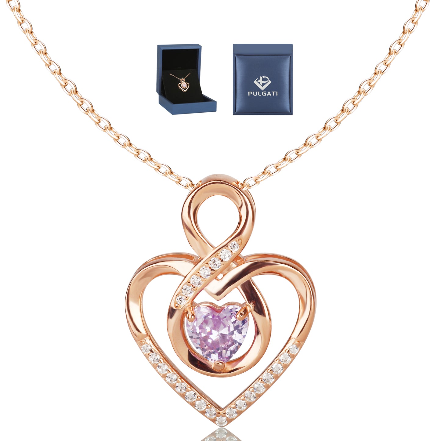 Pulgati Intertwined Heart Necklace in Gold Plated 925 Sterling Silver with Heart-cut Purple CZ and 21 Gem Halo. Elegant Jewelry with a Touch of Magic and Love for the Women and Girls.