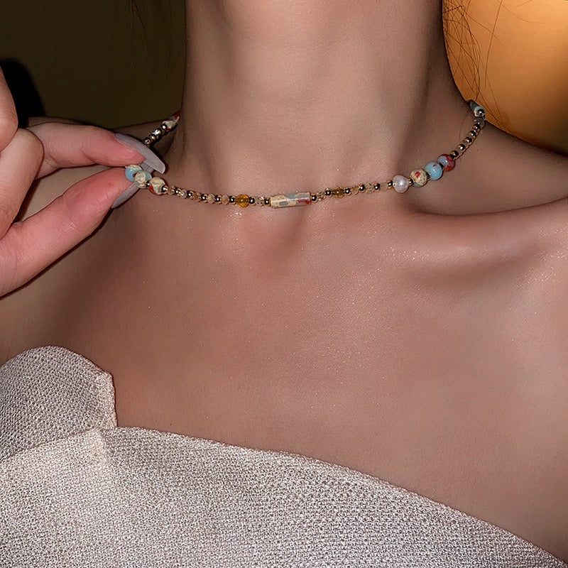 Karina's Bling Colorful Natural Stone Beaded Choker Necklace for Women Girls.
