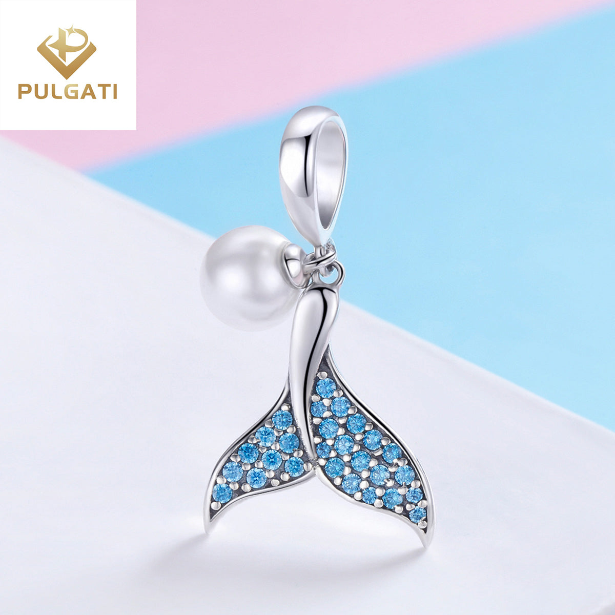 Pulgati  Mermaid Tail Pendent Necklace in Gold Plated 925 Sterling Silver with Blue Cubic Zirconia (CZ) Gemstones and Shell Pearl.