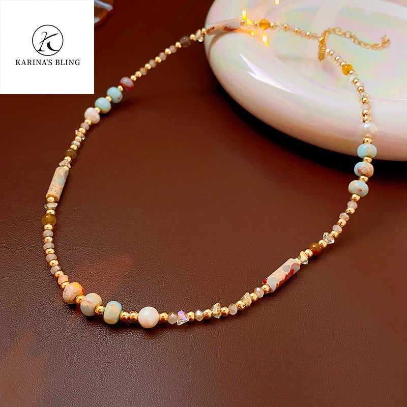 Karina's Bling Colorful Natural Stone Beaded Choker Necklace for Women Girls.