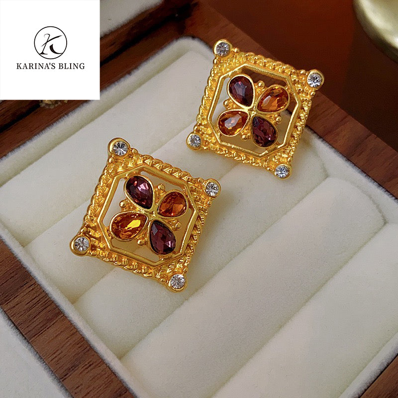 Karina's Bling Four Petal Rhinestone Flower Earrings with Silver Needle Anti-allergy Alloy Exaggerate Jewelry.