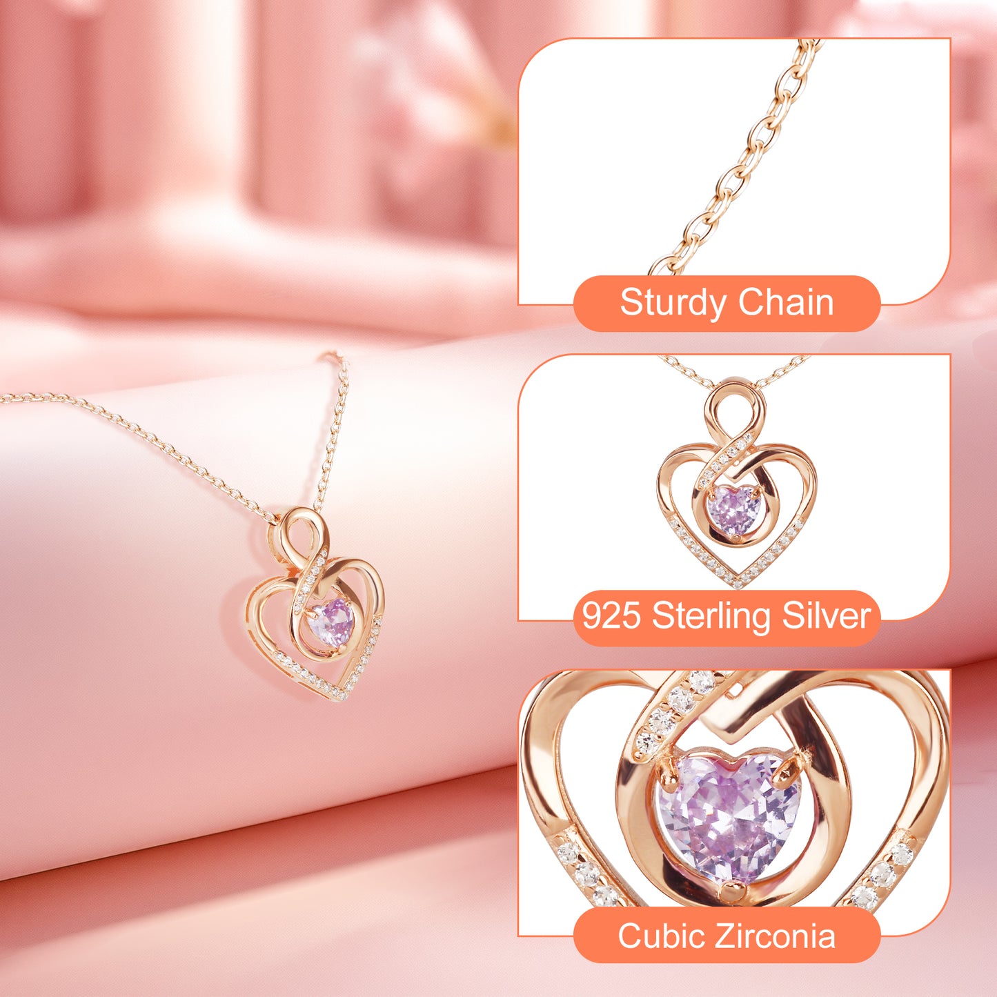 Pulgati Intertwined Heart Necklace in Gold Plated 925 Sterling Silver with Heart-cut Purple CZ and 21 Gem Halo. Elegant Jewelry with a Touch of Magic and Love for the Women and Girls.
