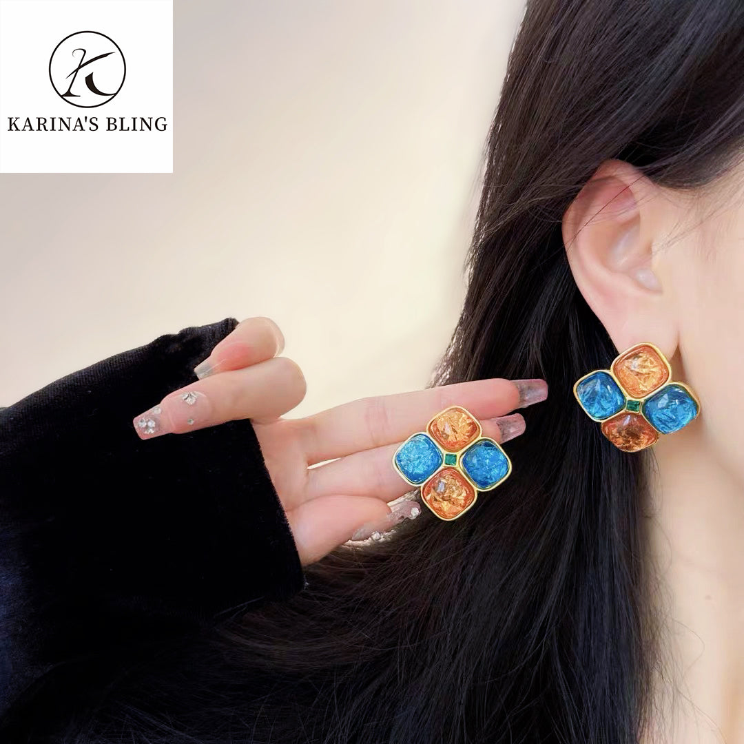 Karina's Bling Color Block Resin Petals Flower Earrings with Silver Needle Anti-allergy Alloy Exaggerate Jewelry.