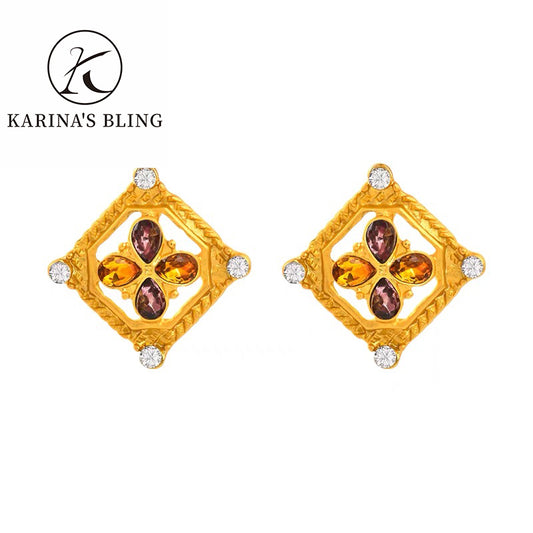 Karina's Bling Four Petal Rhinestone Flower Earrings with Silver Needle Anti-allergy Alloy Exaggerate Jewelry.