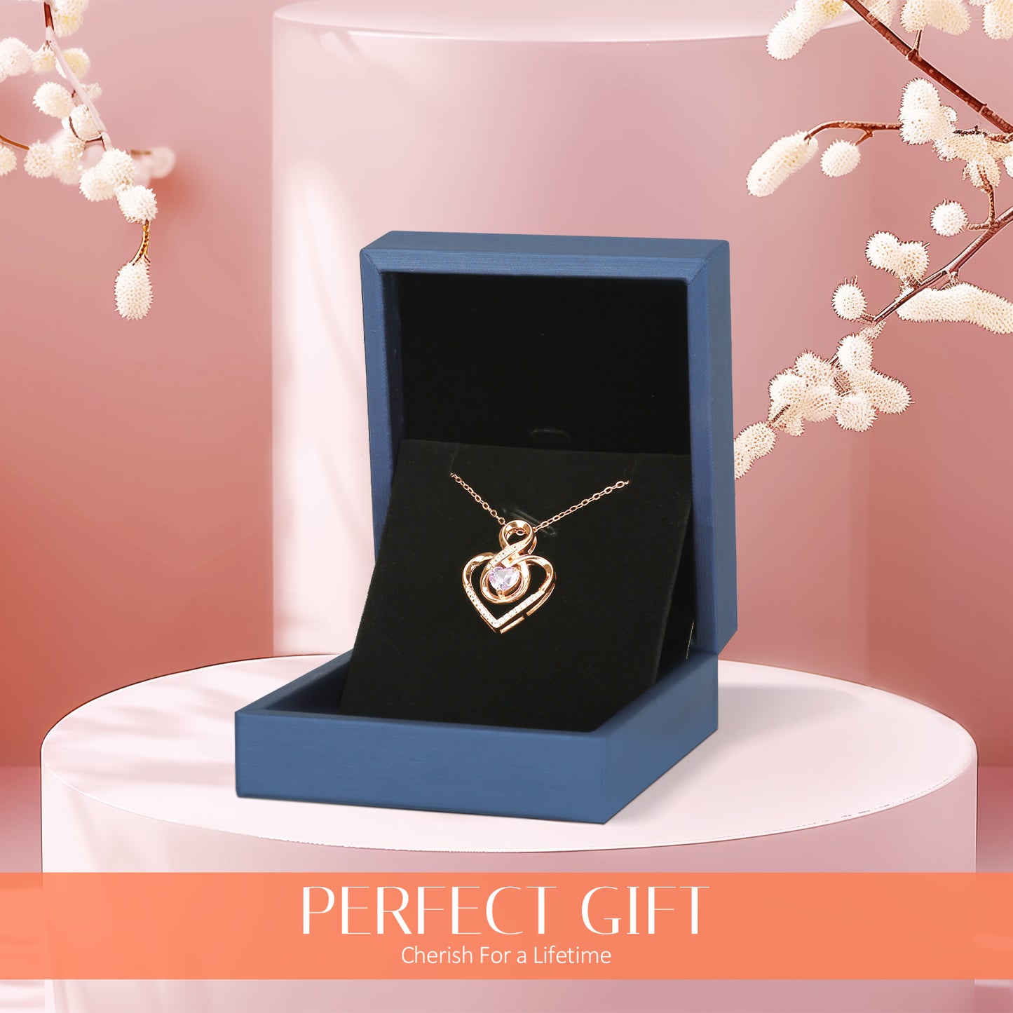 Pulgati Intertwined Heart Necklace in Gold Plated 925 Sterling Silver with Heart-cut Purple CZ and 21 Gem Halo. Elegant Jewelry with a Touch of Magic and Love for the Women and Girls.