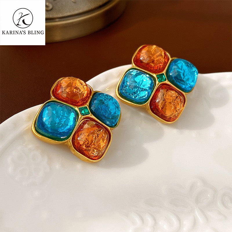 Karina's Bling Color Block Resin Petals Flower Earrings with Silver Needle Anti-allergy Alloy Exaggerate Jewelry.