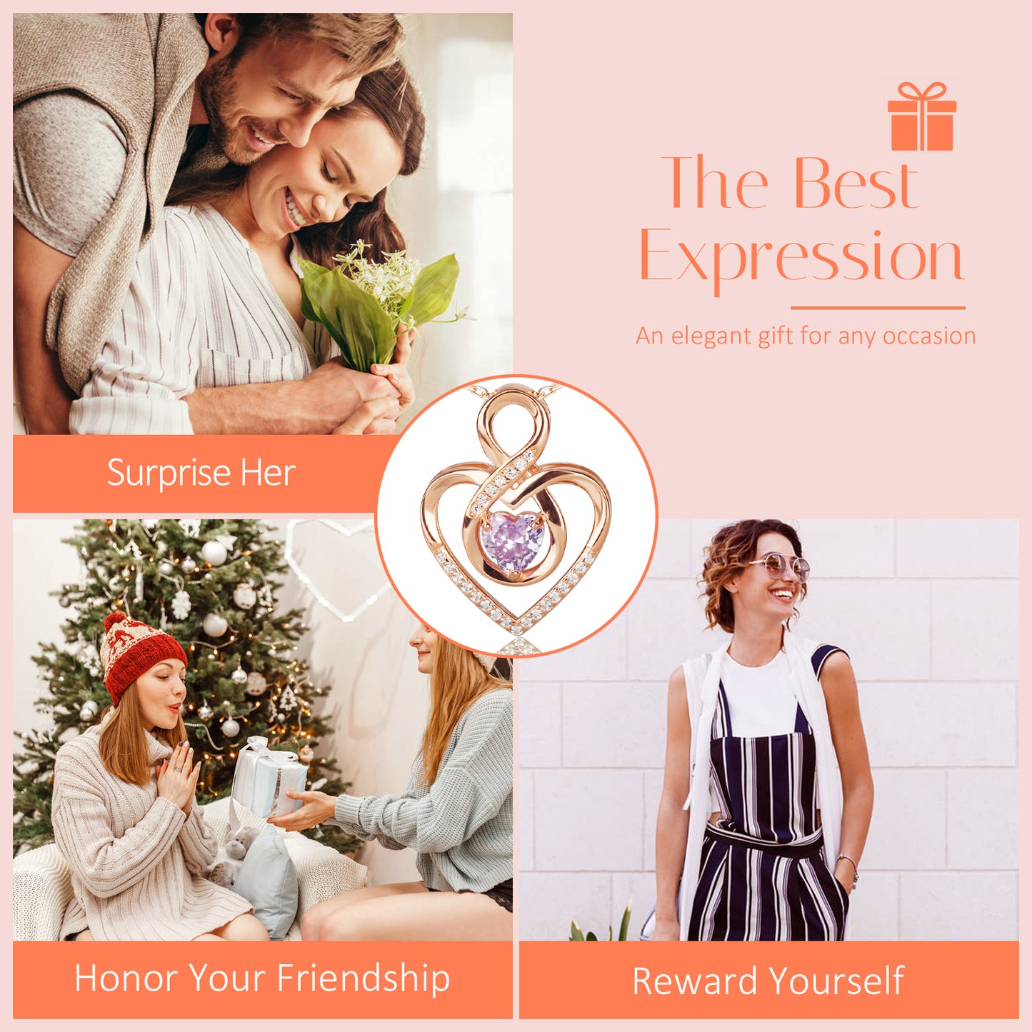 Pulgati Intertwined Heart Necklace in Gold Plated 925 Sterling Silver with Heart-cut Purple CZ and 21 Gem Halo. Elegant Jewelry with a Touch of Magic and Love for the Women and Girls.