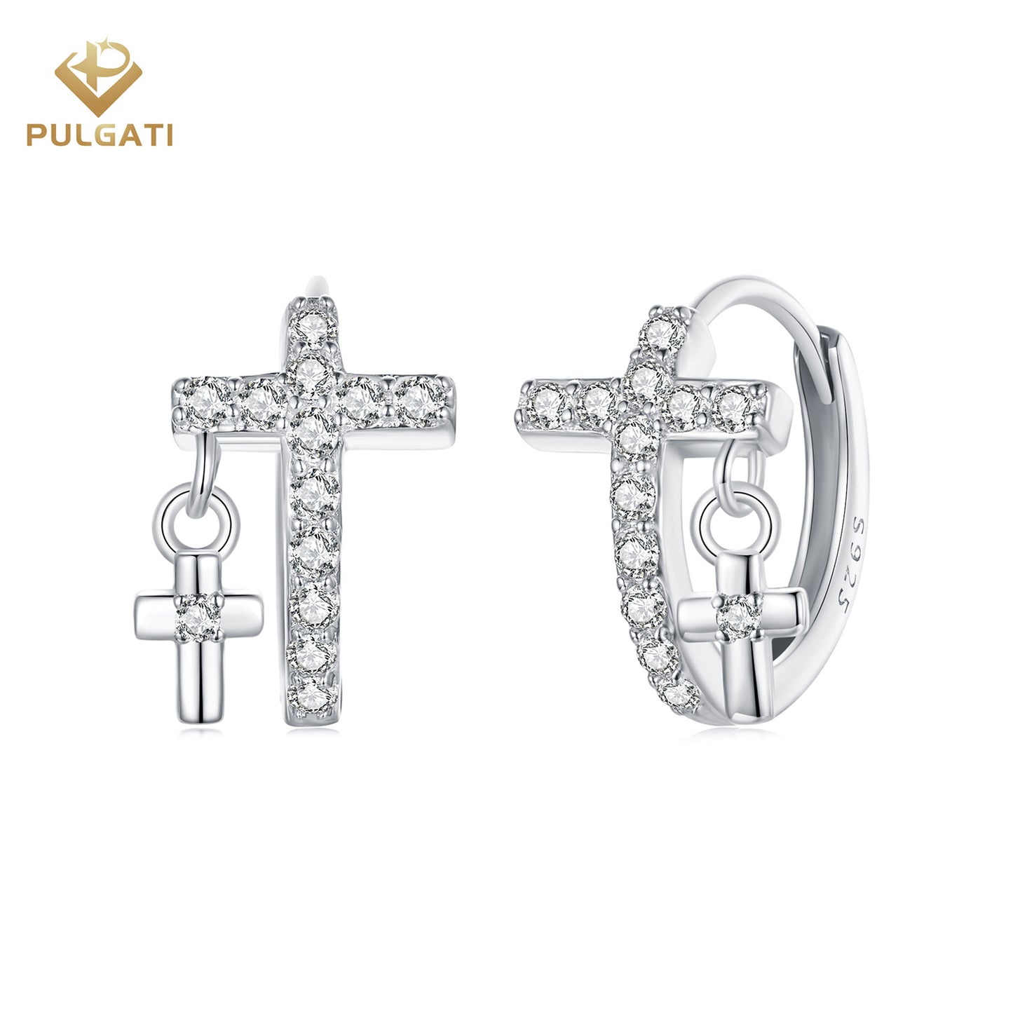 Pulgati Silver Cross Hoop Earrings in Gold Plated 925 Sterling Silver with CZ Gem Halo.