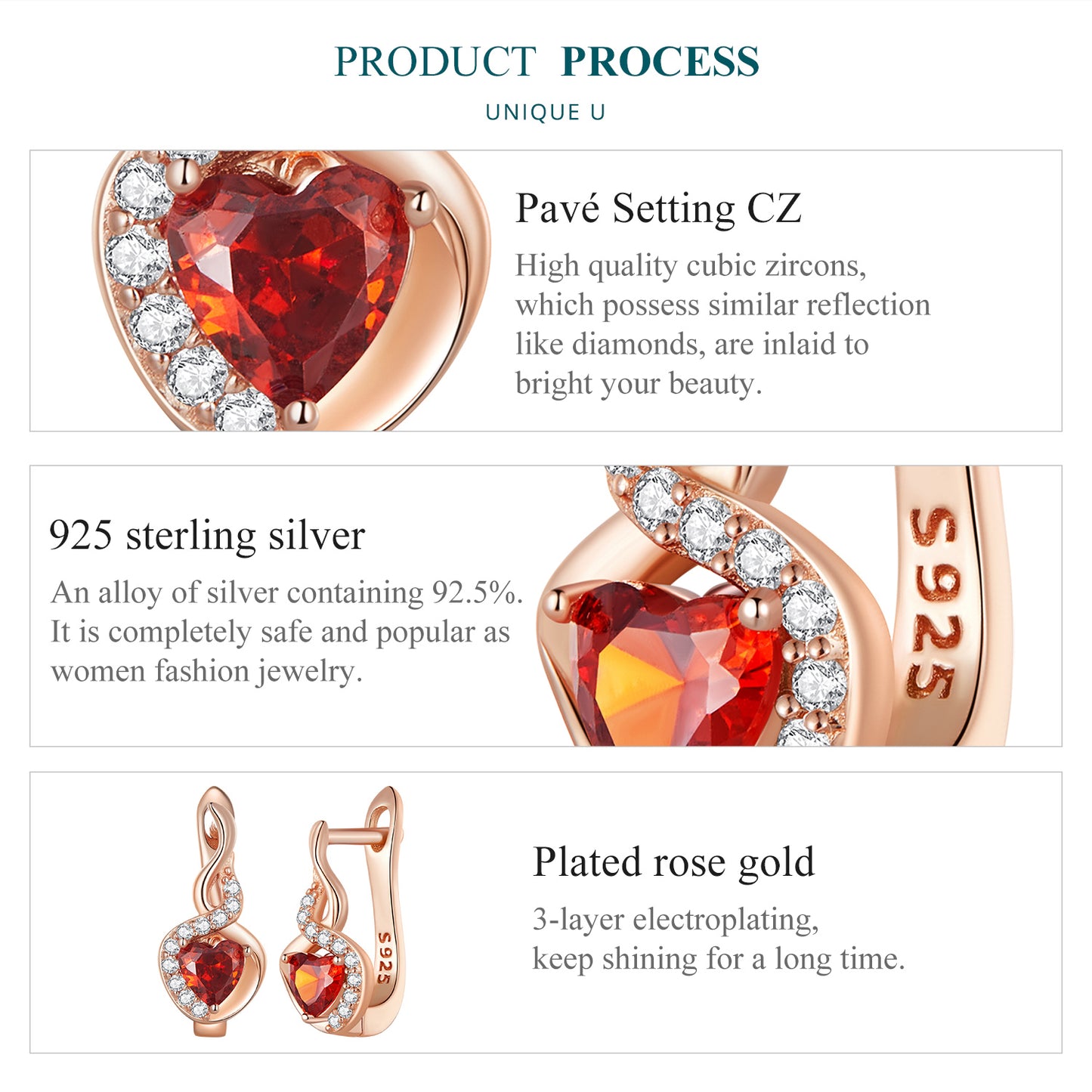 Pulgati Love and Bond Ear Clips in Rose Gold Plated 925 Sterling Silver with Heart-cut CZ.