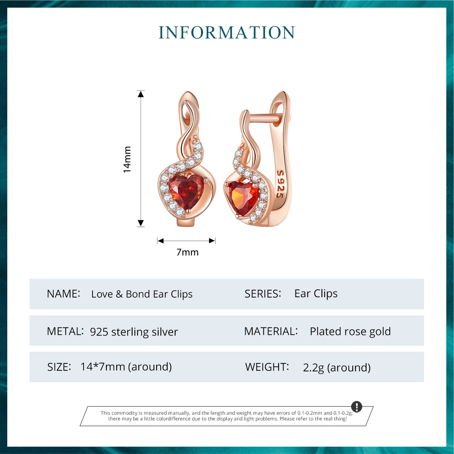 Pulgati Love and Bond Ear Clips in Rose Gold Plated 925 Sterling Silver with Heart-cut CZ.