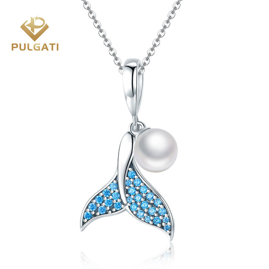 Pulgati  Mermaid Tail Pendent Necklace in Gold Plated 925 Sterling Silver with Blue Cubic Zirconia (CZ) Gemstones and Shell Pearl.