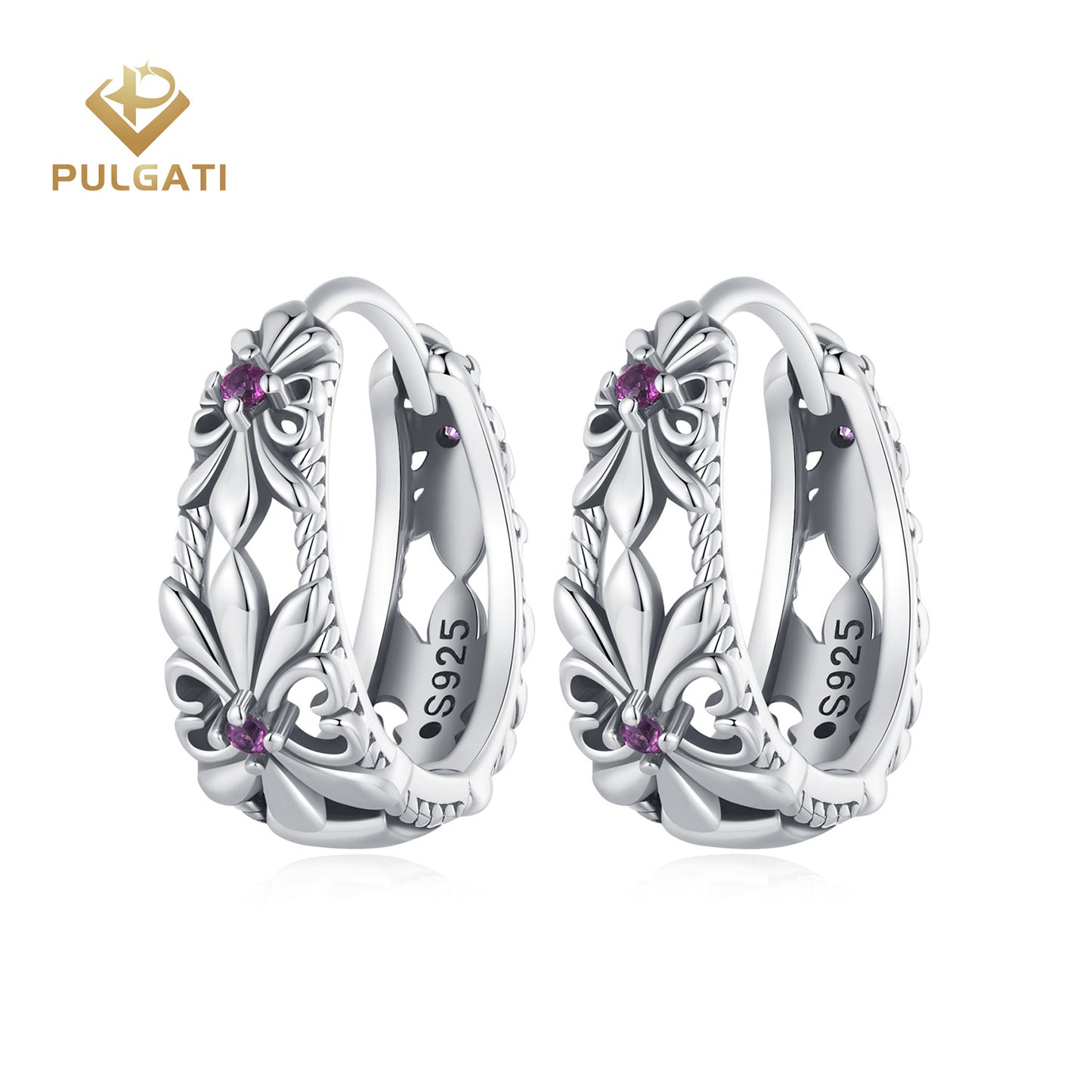 Pulgati Vintage Iris Flower Earrings in Gold Plated 925 Sterling Silver with Purple Cubic Zirconia (CZ) Gemstones