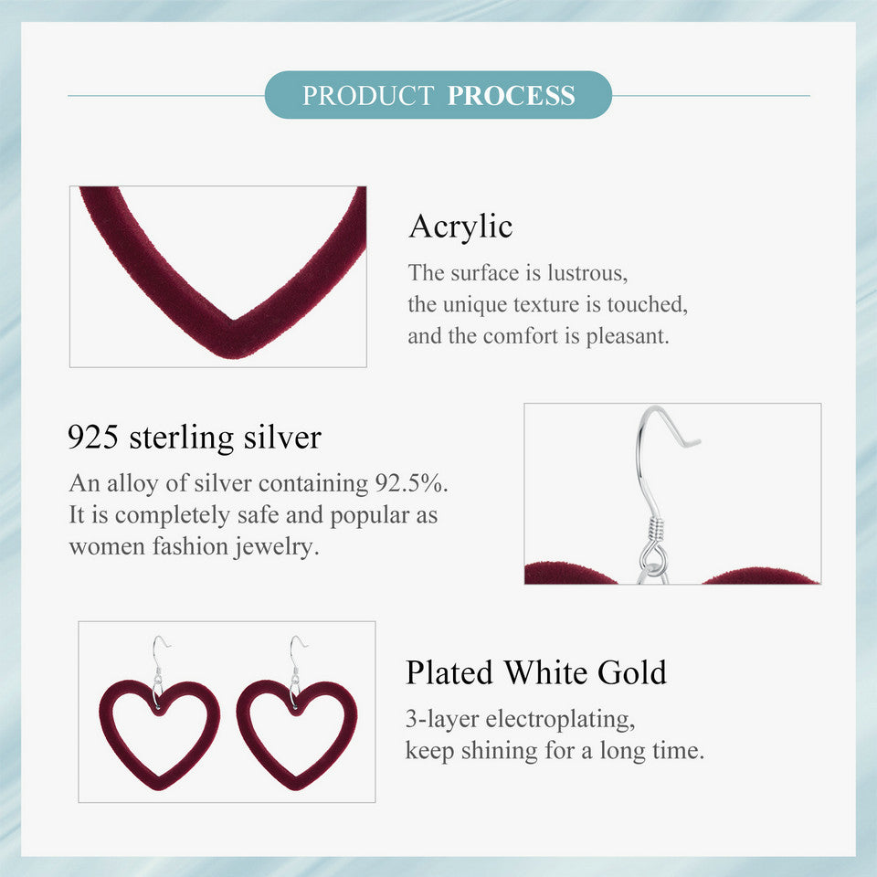 Karina's Bling Velvet Heart-shaped Earrings with Gold Plated 925 Sterling Silver Ear Hooks.