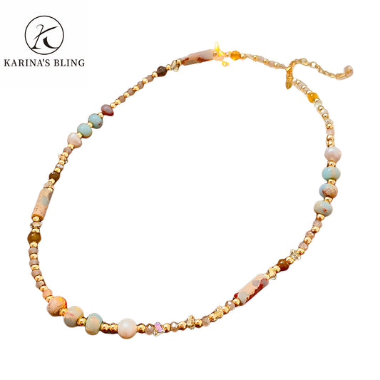 Karina's Bling Colorful Natural Stone Beaded Choker Necklace for Women Girls.