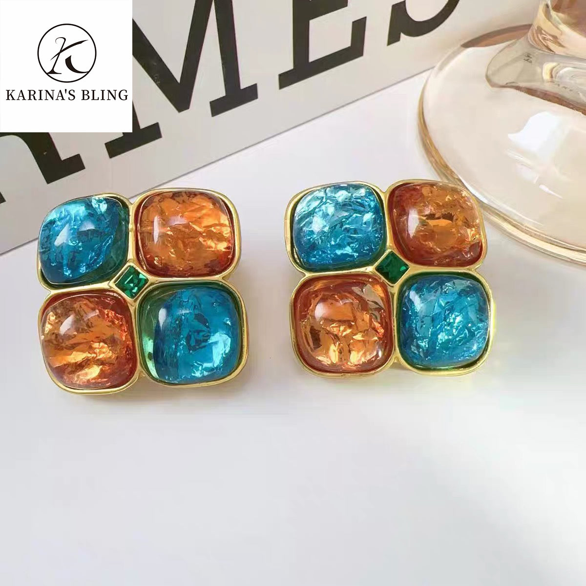 Karina's Bling Color Block Resin Petals Flower Earrings with Silver Needle Anti-allergy Alloy Exaggerate Jewelry.