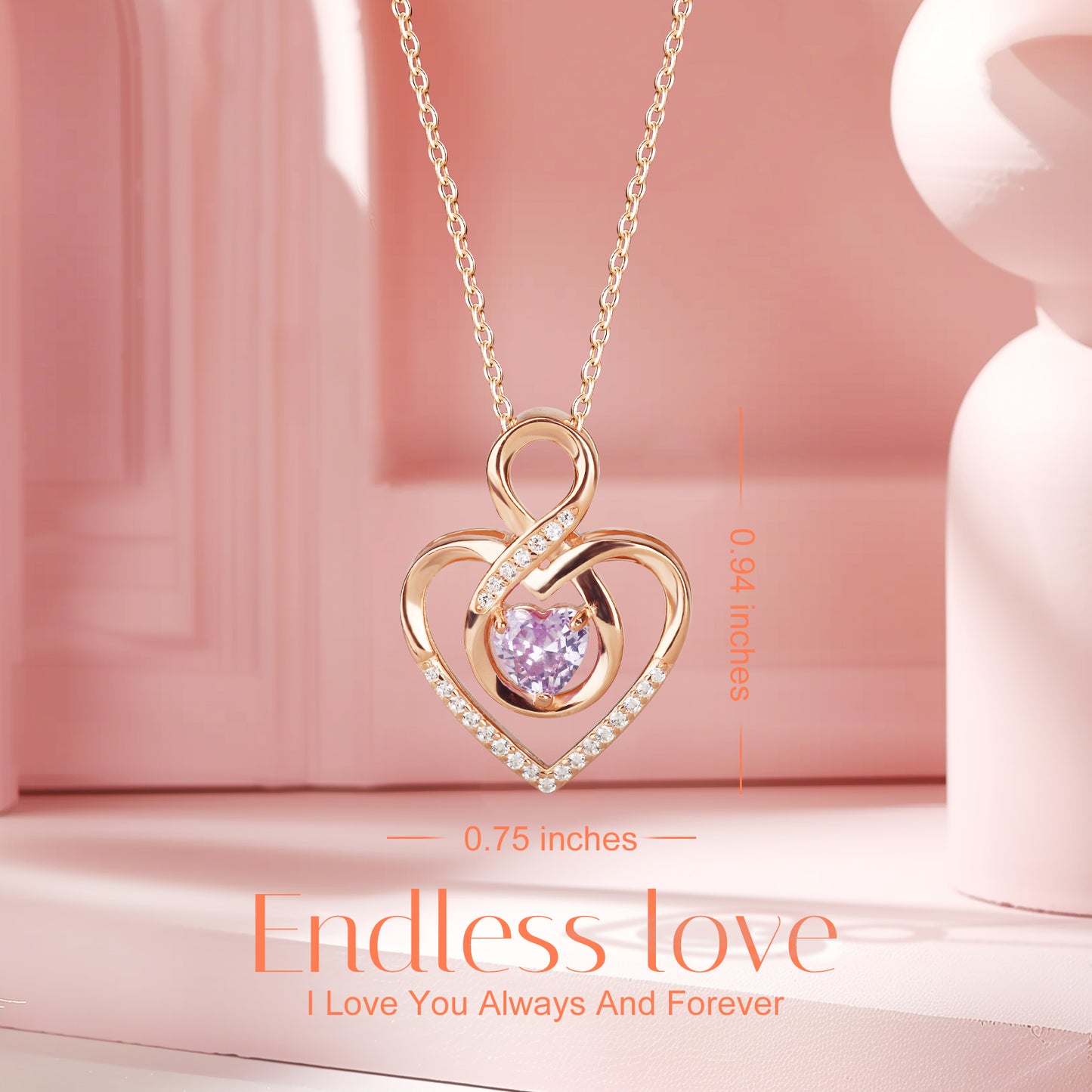 Pulgati Intertwined Heart Necklace in Gold Plated 925 Sterling Silver with Heart-cut Purple CZ and 21 Gem Halo. Elegant Jewelry with a Touch of Magic and Love for the Women and Girls.