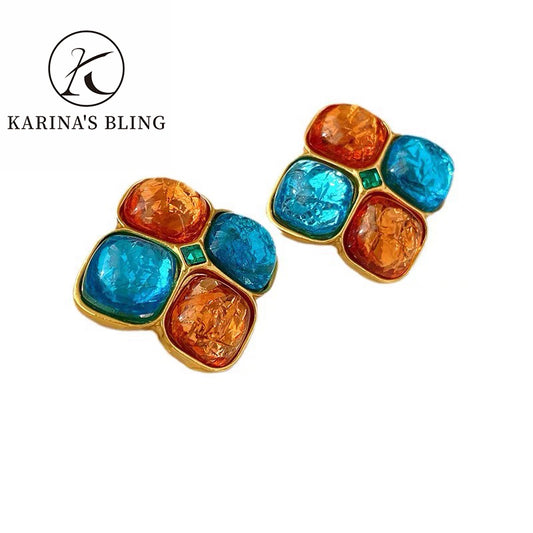 Karina's Bling Color Block Resin Petals Flower Earrings with Silver Needle Anti-allergy Alloy Exaggerate Jewelry.